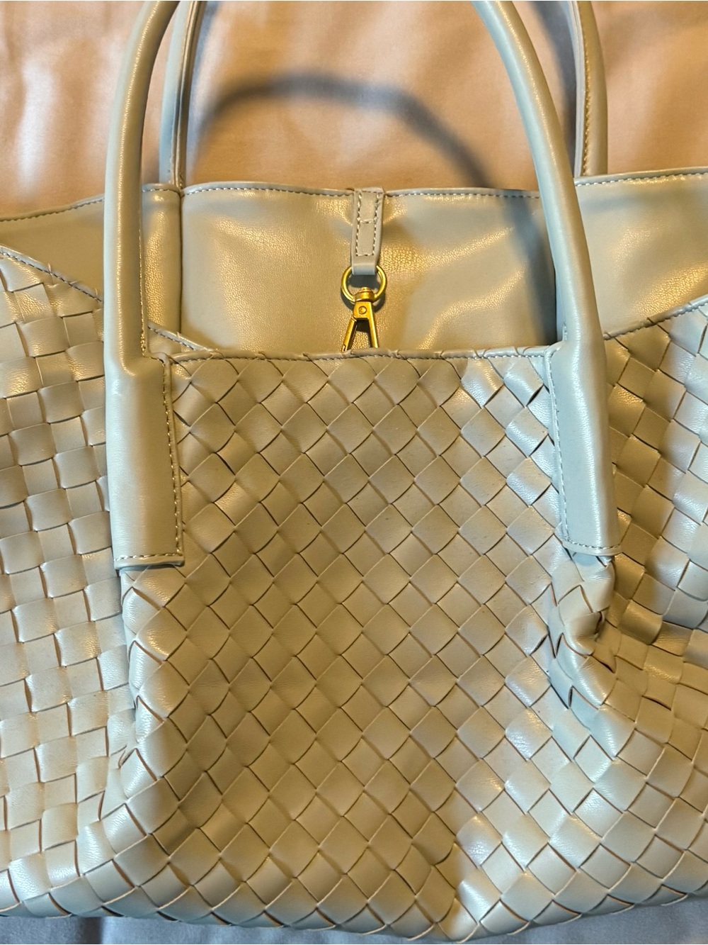 Woven Faux Leather Tote Bag in Light Blue